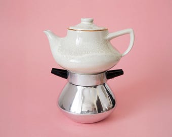 Letizia Espressokanne mit Porzellankessel, seltene, rustikale italienische Espressokanne im Mid-Century-Modern-Stil, Sammlerstück für den Herd.