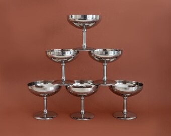 Set of 6 Stainless Steel Champagne Coupes, Vintage Metal Fruit Salad Cups Dessert Ice-Cream Bowls, Vintage Italian Barware Martini Goblets