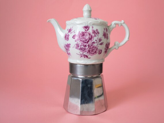 Vintage Floral Porcelain Moka Pot, Pink Rose Coffee Maker, Italian Espresso Pot, Cottagecore Kitchen Decor