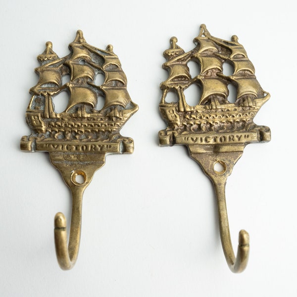 English Solid Brass 2 Wall Clothes Hat Hooks “Victory”, Antique Style Wall Mount Towel Coat Hook, Victory Sailing Ship Nautical Marine Decor