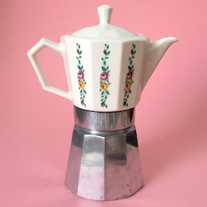 Vintage Floral Ceramic Moka Pot, Italian Stovetop Espresso Maker, Rustic Coffee Pot