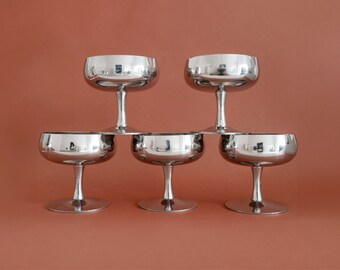 Set of 5 Stainless Steel Ice Cream Coupes, Vintage Inox Metal Fruit Salad Cups Dessert Bowls, Vintage Italian Barware Martini Wine Goblets