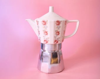Vintage Blumen Rosen Keramik Moka Topf Espresso Maker, Cottagecore Herd Kaffeekanne