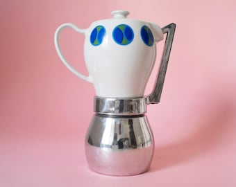 Vintage-Mokakanne aus Porzellan und Aluminium – Espressokanne mit geometrischem blauem Muster, Retro-Küchenutensil aus Italien