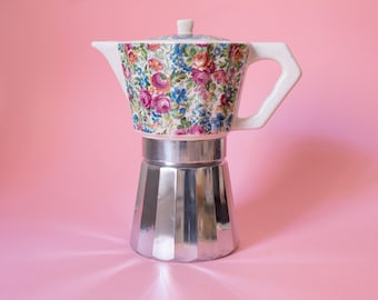 Vintage Cottagecore Blumenmuster Keramik Moka-Kanne, italienischer Espressokocher aus Aluminium für den Herd