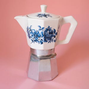 Vintage Flory Express Blue Floral Ceramic Moka Pot Espresso Maker, Made in Italy