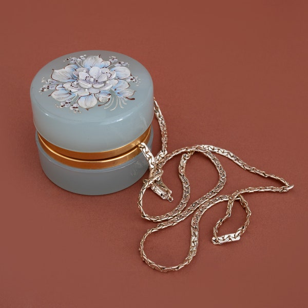 Opaline Glass Trinket Box, Zylinder Round Antique Seafoam Blue Jewelry Casket Case Box with a Gilt Metal Frame and Flowers Ornament