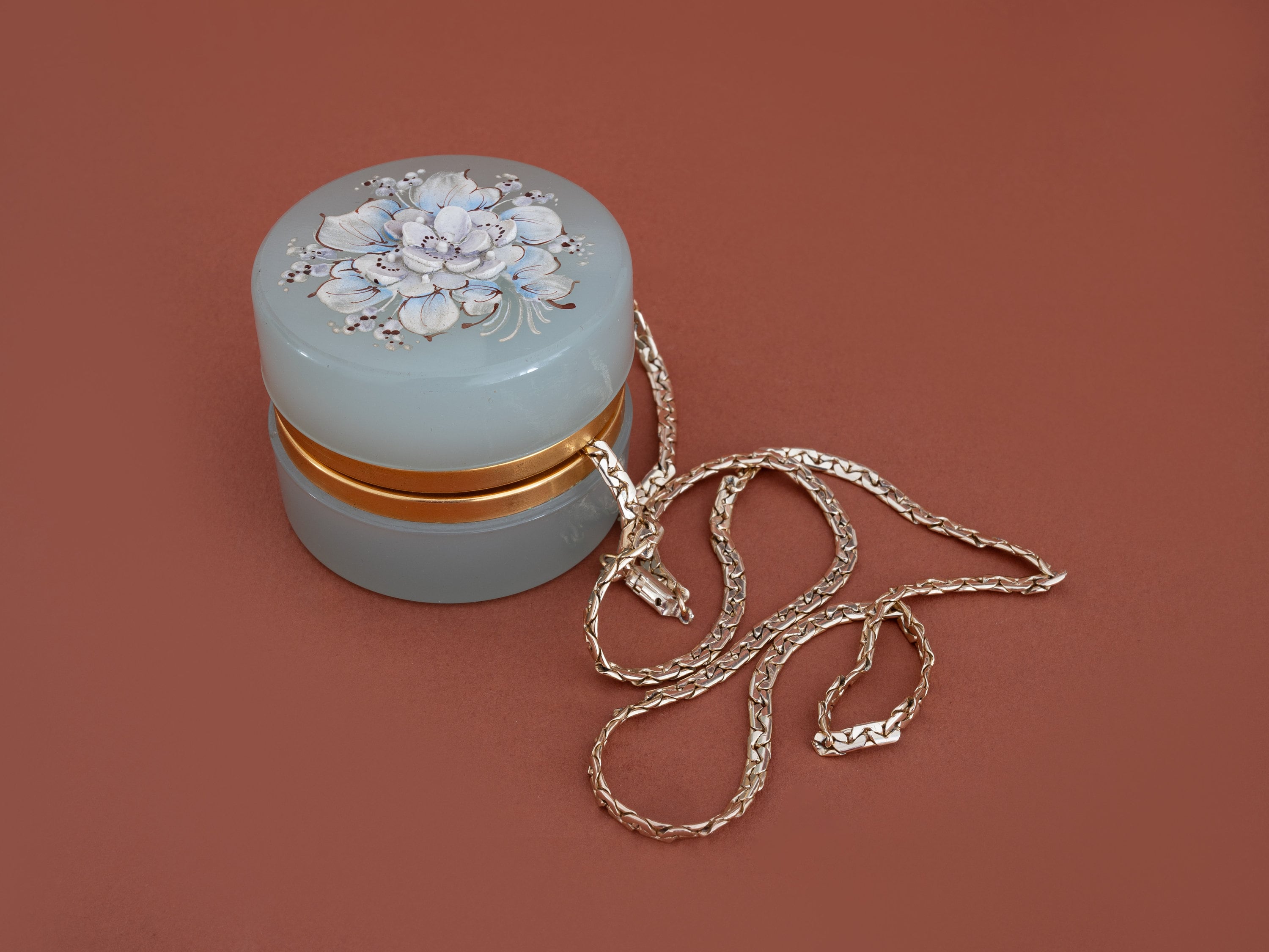 Opaline Glass Trinket Box, Zylinder Round Antique Seafoam Blue Jewelry Casket Case Box with a Gilt Metal Frame and Flowers Ornament
