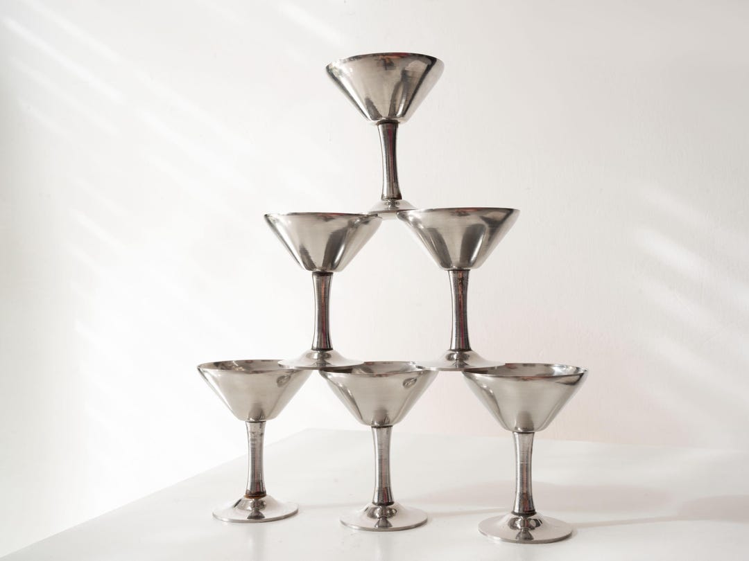 Picture Idea: Set Of 6 Small Stainless Steel Champagne Coupes Vintage Metal