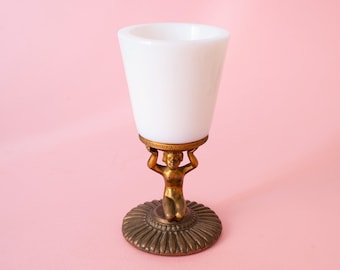Vintage White Opaline Glass Toothpick Holder, Gilt Brass Cherub Figurine Pedestal, Ornate Hollywood Regency Vanity Decor