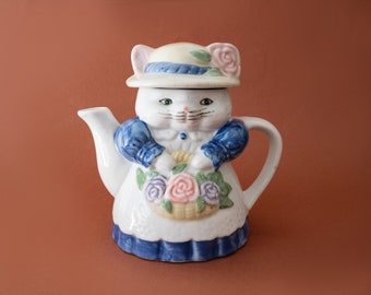 Cute Female Cat Teapot, Porcelain Multicolored Art Hand-Painted Miss Pussycat Kettle Kitty Pot, Gift for Vet Tech Cat Pussy Lovers