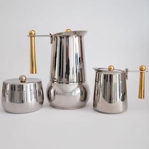 Vintage GB Kitty Oro Guido Bergna Italian Coffee Maker Set Sugar Bowl Milk Jug, Mid Century Modern Espresso Stovetop Moka Pot Made in Italy