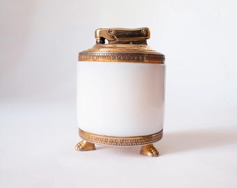 Vintage French Opaline Glass Table Lighter, Gold Tone Footed Cigarette Lighter, Mid Century Vanity Decor