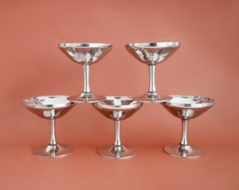 Set of 5 Stainless Steel Champagne Coupes, Vintage Metal Fruit Salad Cups Dessert Ice Cream Bowls, Vintage Italian Barware Martini Goblets