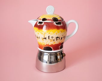 Coffee Maker with Abstract Art Design Ceramic Pot, Rustic Boho Thun Maya Porcelain Stovetop Moka Pot Espresso Maker, Gift for Coffee Lovers