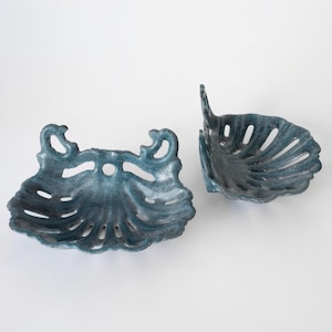 Set of 2 Vintage Antique French Teal Blue Enamel Soap Dishes, Shell Design Cast Iron Bathroom Decor Coastal Farmhouse
