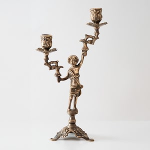 Boy Cherub Angel Brass Two Arms Candelabra, Antique Style Art Nouveau Candlestick Candle Holder, Festive French-style Bohemian Chandelier