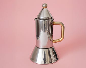 Cafetera italiana vintage de acero inoxidable, pieza de colección de los años 80, estilo moderno de mediados de siglo, cafetera moka geométrica para estufa, fabricada en Italia.