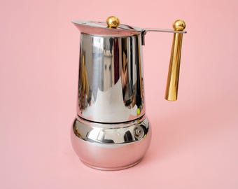 Vintage Guido Bergna GB Kitty Oro Espressokanne, italienischer Edelstahl, goldfarbener Griff