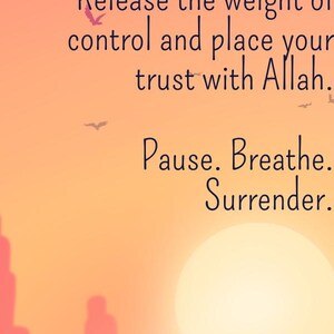 May include: An inspirational digital art print with a gradient background of pink, orange, and purple hues. The image features text that reads "Trust the unfolding" and other motivational phrases. The artwork includes silhouettes of birds and a sun.