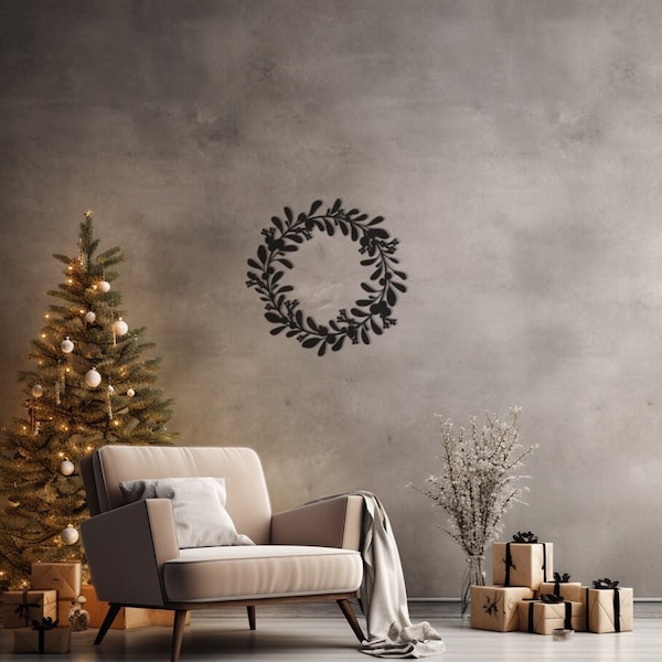 Laurel Wreath Metal Wall Art for Living Room, Entryway - Festive Wall Hanging, Elegant Holiday Home Decor, Classic Steel Craft, Metal Decor