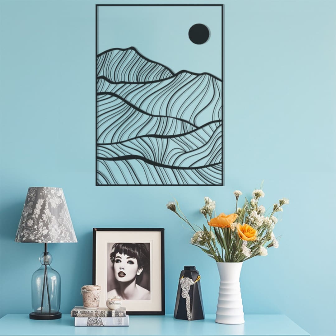 Nature Inspired Metal Wall Art,majestic Mountains and Rising Sun Design