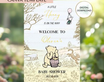 Classic Winnie the Pooh Welcome Sign Template, Editable Canva Baby Shower Sign, Watercolor Pooh Welcome Poster, Instant Download