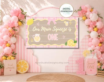 Pink Lemonade Birthday Banner Template | Editable Canva Backdrop | Sweet One Birthday Party Decor | Printable Banner Sign
