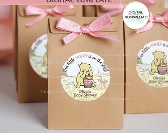 Editable Classic Winnie the Pooh Baby Shower Sticker Template | Canva Party Favor Stickers | 2" Party Labels | Printable Pooh Bear Sticker