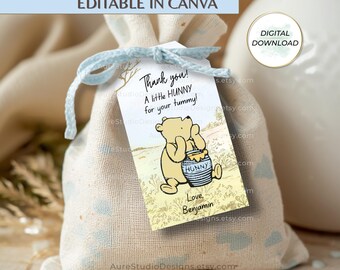 Classic Winnie the Pooh Favor Tags Template | Editable in Canva | Instant Download | Baby Shower Favor Tag | First Birthday Thank You Tags