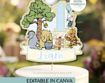 Editable Winnie the Pooh 1st Birthday Cake Topper | Canva Template | Personalized First Birthday Cake Decoration | DIY Printable