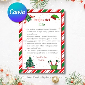 Puede incluir: Un imprimible navideño festivo con un borde rojo y verde a rayas de bastón de caramelo. Se muestra el texto "Reglas del Elfo", junto con reglas para interactuar con un elfo. El logotipo de Canva es visible.
