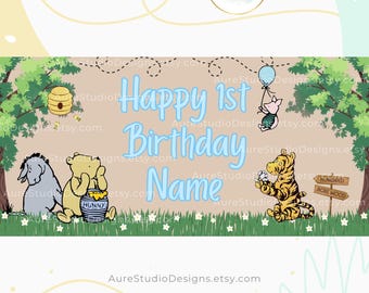Winnie the Pooh Birthday Banner Template, Editable Classic Pooh Party Decor, Hundred Acre Wood Banner, Canva Template, Instant Download