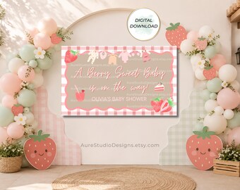 Strawberry Baby Shower Banner, A Berry Sweet Baby Is On The Way Banner, Editable Canva Template, Baby Shower Backdrop, 5x3 Printable Sign