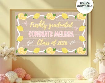 Lemon Graduation Banner 2026, Pink Heart Grad Party Decor, Soft Pastel Lemonade Sign, Editable Canva Template, Preppy Decor