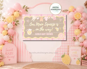 Our Main Squeeze Is On The Way Banner Template | Pink Lemonade Baby Shower Backdrop | Editable Canva Sign | Printable Baby Shower Decor