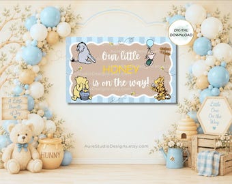 Winnie Pooh Baby Shower Banner Template, Our Little Honey is on the Way, Classic Pooh Bear Decor, Editable Canva, Gender Reveal, Hunny Bee