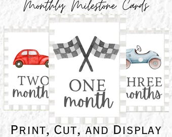 Race Car Printable Monthly Milestone Cards - Instant Download