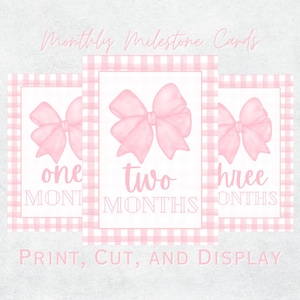 Cartes d'étape imprimables roses avec noeud aquarelle – Cartes d'étape mensuelles pour bébés filles