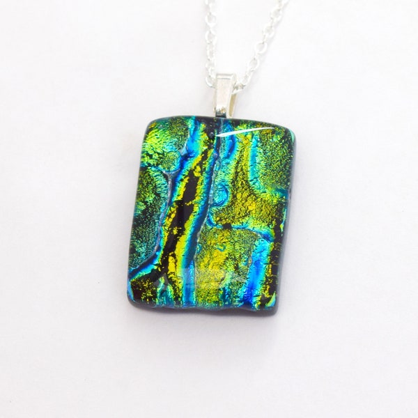 Beautiful Rich Blue Green Dichroic Glass Pendant, Fused Glass Jewellery, Swirling rivers of Metallic Blues & Greens