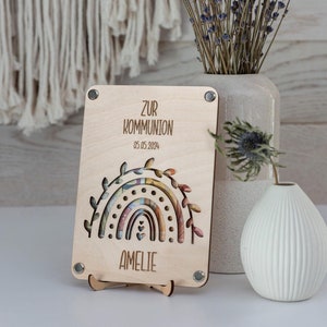 Geldgeschenk Holzkarte zur Kommunion, Konfirmation, Firmung, Taufe mit Name personalisiert | Geschenk für Jungen & Mädchen