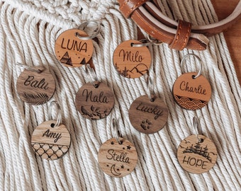 Hundemarke aus Holz | personalisiert mit Name und verschiedenen Designs | Adressanhänger für Hunde |  Nussbaum, Eiche, Kirsche | 30mm