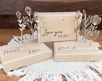 Mother's Day Engraved Wooden Flower Base | Basswood | Engraving | 3 designs | Many wooden flowers to choose from