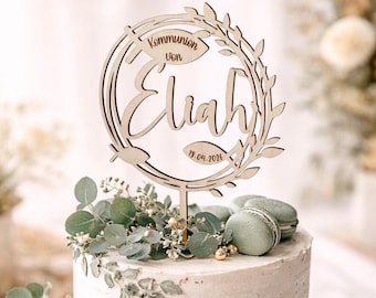 Cake Topper Kommunion, Konfirmation, Firmung, Taufe personalisiert mit Name aus Holz | Kuchendekoration mit Fischen | Tortenfigur
