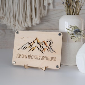Geldgeschenk Holzkarte Reise zum Geburtstag | persönliche Rückseite | Geldverpackung für Abenteurer | Reisekasse | Personalisierte Holzkarte