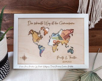 Wedding money gift | birthday | World map | Farewell gift for a trip around the world | honeymoon | Engraving in frame | Lots of sayings