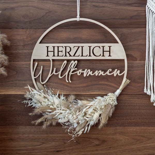 Türkranz Herzlich Willkommen Ø20cm, Ø24cm oder Ø30cm | Türschild | Trockenblumen | Willkommenschild | Haustürschild | Geschenk für Hochzeit