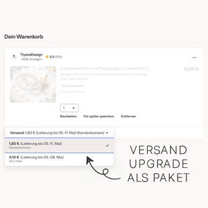 K&ouml;nnte beinhalten: Screenshot einer E-Commerce-Warenkorbseite. Die Seite zeigt ein Produkt mit einem Preis von 15,00 &euro;. Versandoptionen werden angezeigt, mit einer Standardversandoption von 1,80 &euro; und einer DHL-Paketoption von 4,10 &euro;.