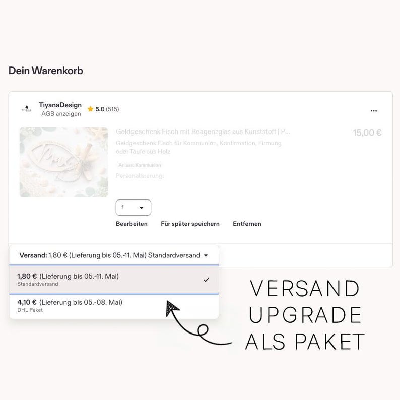 K&ouml;nnte beinhalten: Screenshot einer E-Commerce-Warenkorbseite. Die Seite zeigt ein Produkt mit einem Preis von 15,00 &euro;. Versandoptionen werden angezeigt, mit einer Standardversandoption von 1,80 &euro; und einer DHL-Paketoption von 4,10 &euro;.