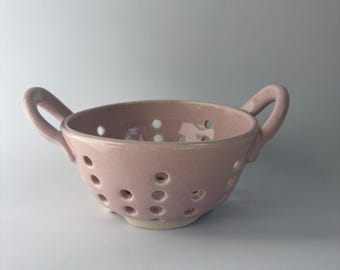 Light Pink Handmade Ceramic Berry Bowl, Wheel-Thrown Fruit Strainer